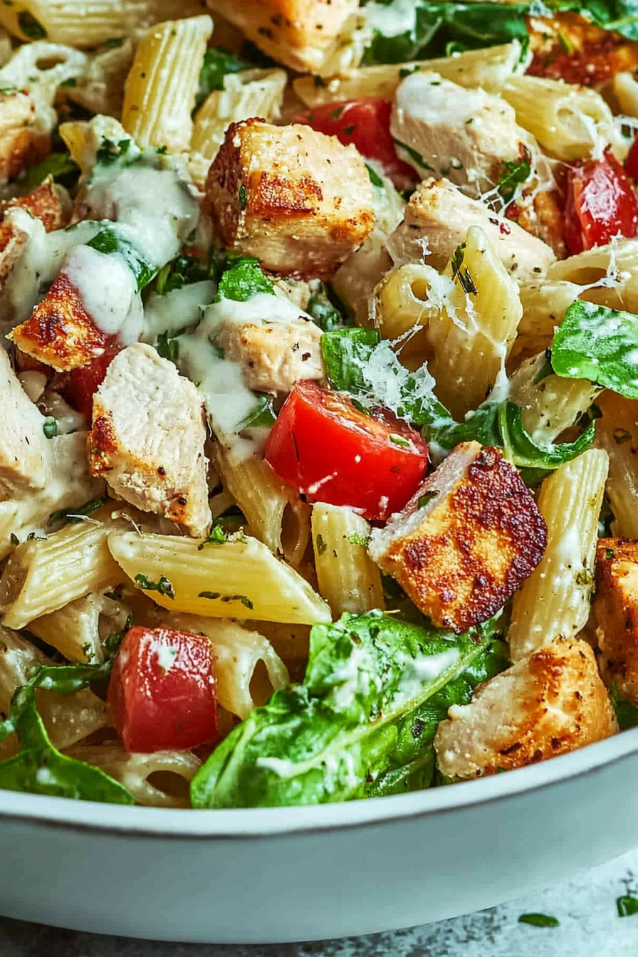 Chicken Caesar Pasta Salad Recipe Final Dish Presentation