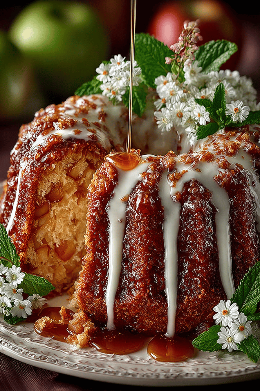 Autumn Glory Apple Bundt Cake Recipe slice on plate showing perfect texture and swirl pattern