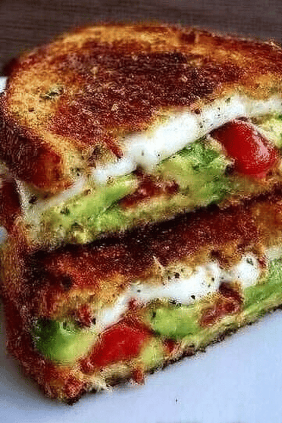 Avocado, Mozzarella, and Tomato Grilled Cheese Sandwich Recipe slice on plate showing perfect texture and swirl pattern
