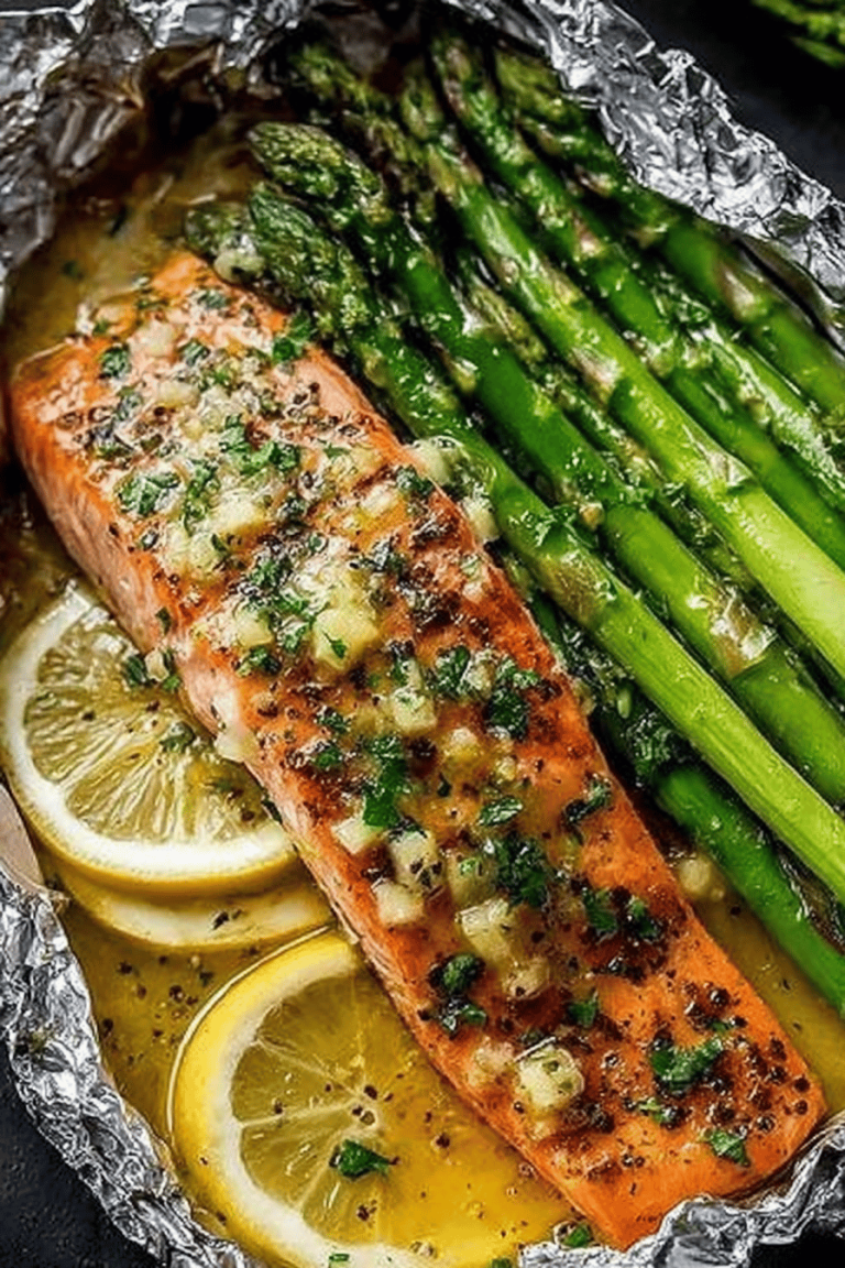 Baked Salmon and Asparagus in Foil with Garlic Lemon Butter Sauce Recipe