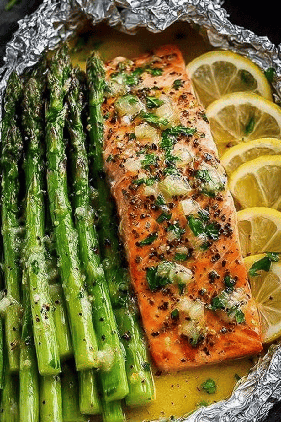 Baked Salmon and Asparagus in Foil with Garlic Lemon Butter Sauce Recipe ingredients organized and measured on kitchen counter