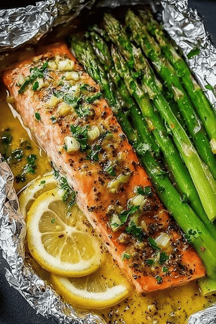 Baked Salmon and Asparagus in Foil with Garlic Lemon Butter Sauce Recipe slice on plate showing perfect texture and swirl pattern