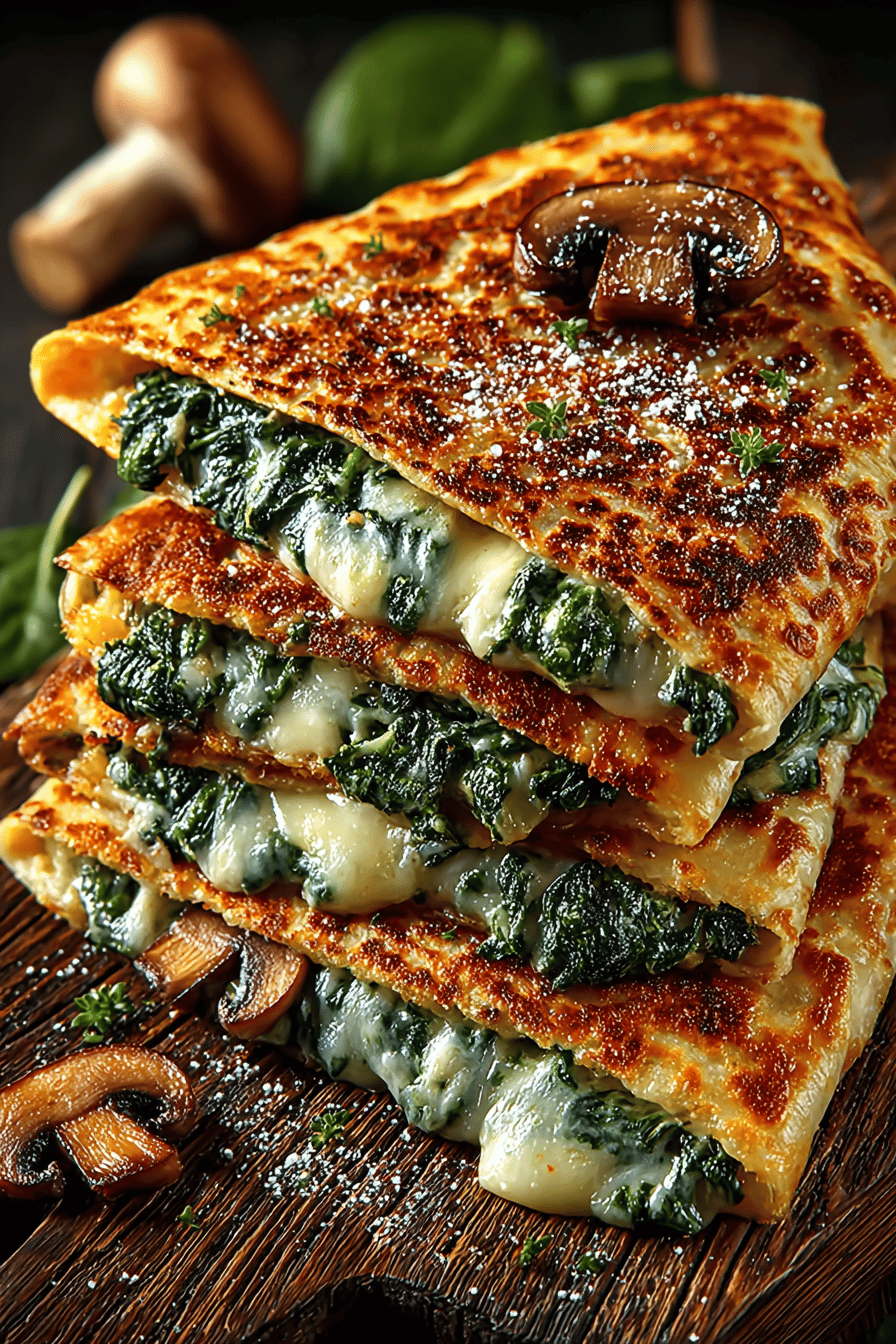 Baked Spinach and Mushroom Quesadillas Recipe slice on plate showing perfect texture and swirl pattern