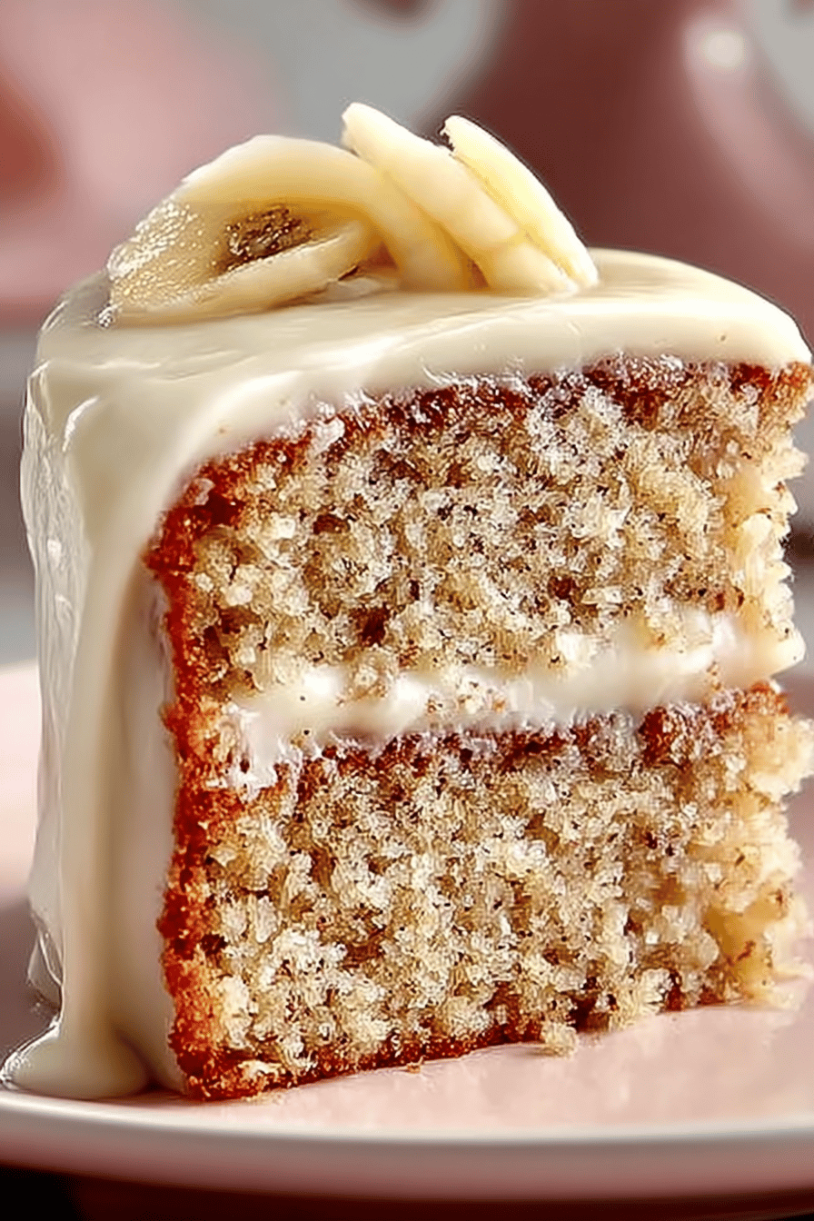 Banana Cake Recipe with Luscious Cream Cheese Frosting slice on plate showing perfect texture and swirl pattern