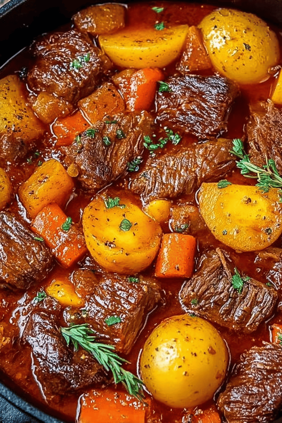 Beef Stew Recipe Details slice on plate showing perfect texture and swirl pattern
