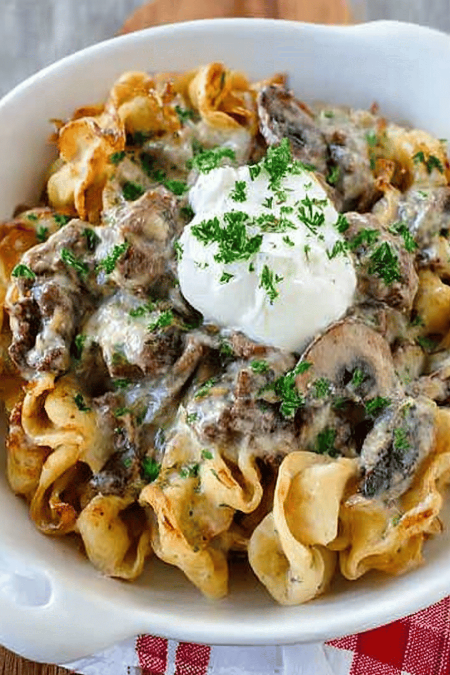 Beef Stroganoff Casserole Recipe ingredients organized and measured on kitchen counter