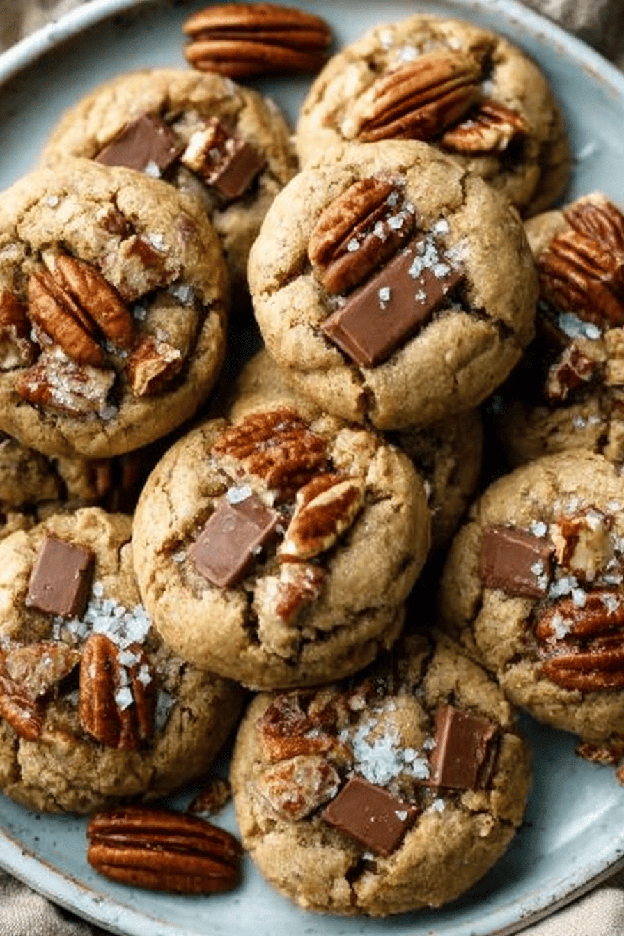 Bourbon Pecan Chocolate Chunk Cookies with Brown Butter slice on plate showing perfect texture and swirl pattern