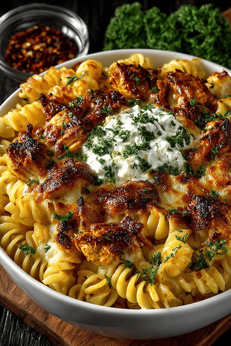 Buffalo Chicken Pasta Casserole Recipe final dish beautifully presented and ready to serve