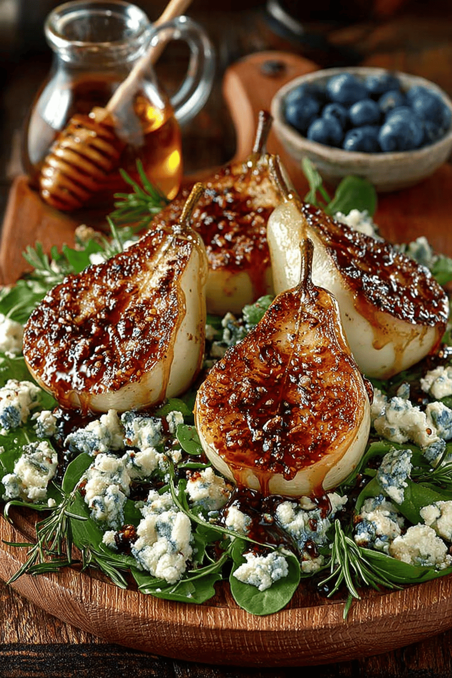 Caramelized Pear and Blue Cheese Salad Recipe ingredients organized and measured on kitchen counter