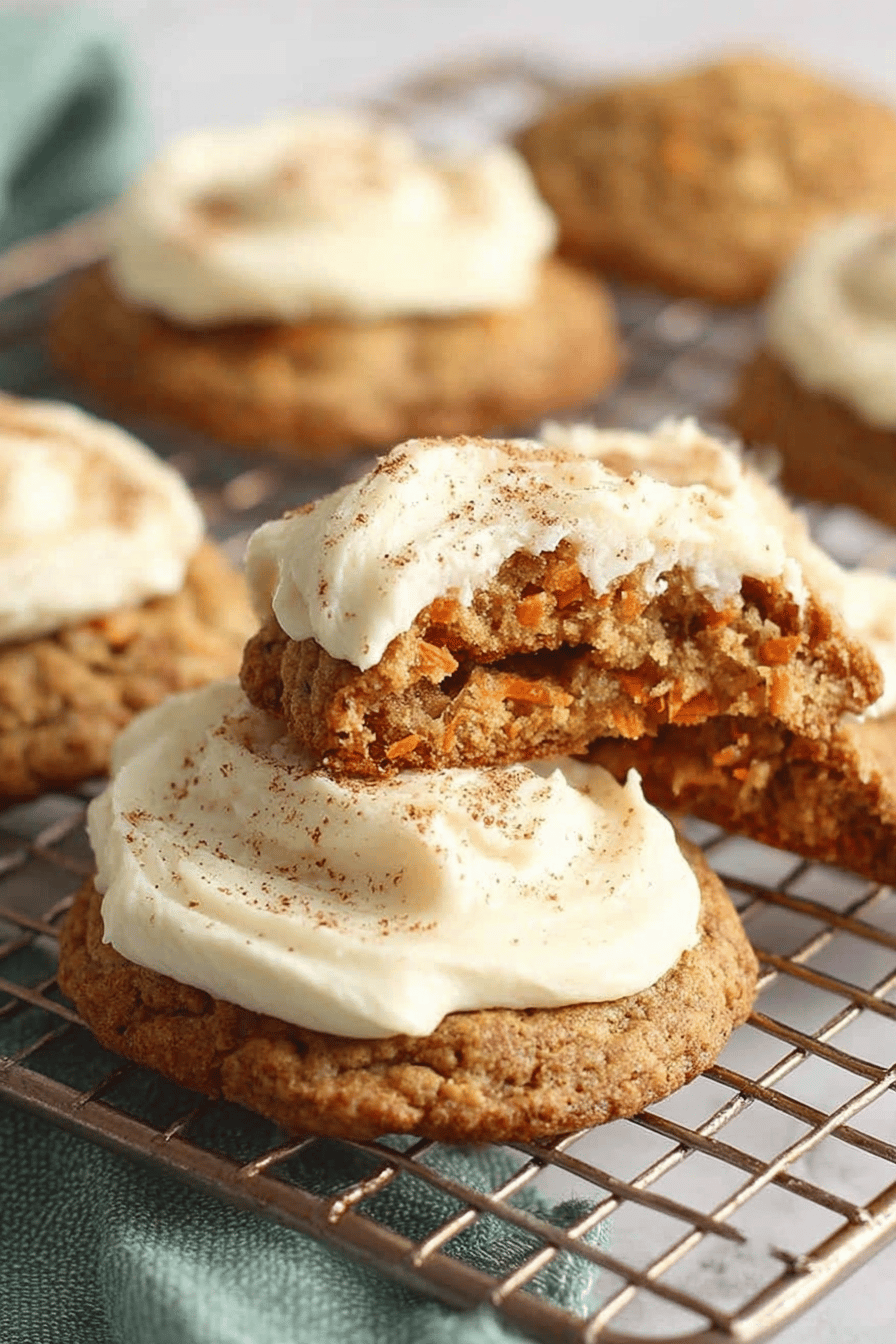 Carrot Cake Cookies Topped with Cream Cheese Frosting Recipe slice on plate showing perfect texture and swirl pattern