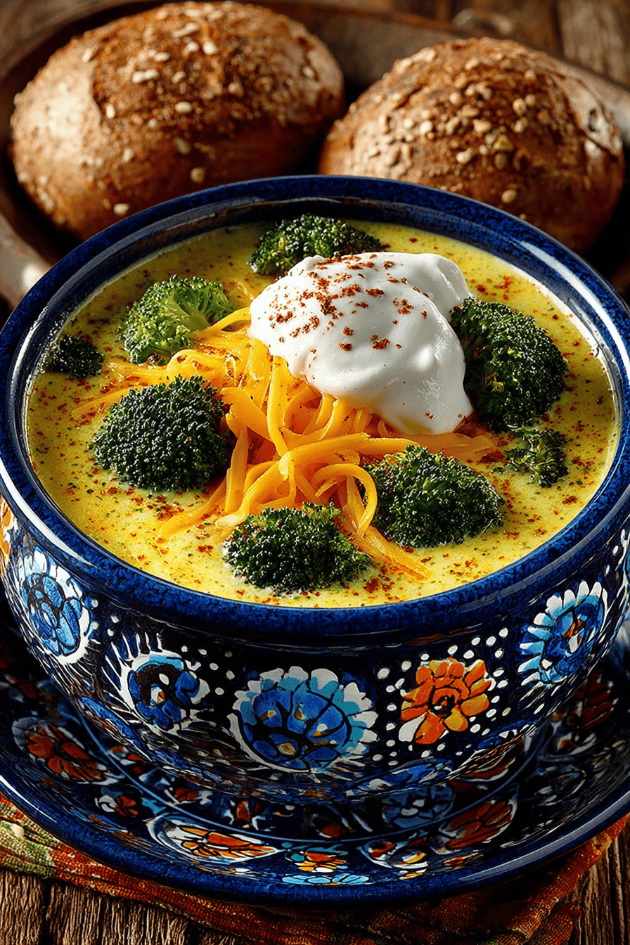 Cheddar Broccoli and Potato Soup Recipe slice on plate showing perfect texture and swirl pattern