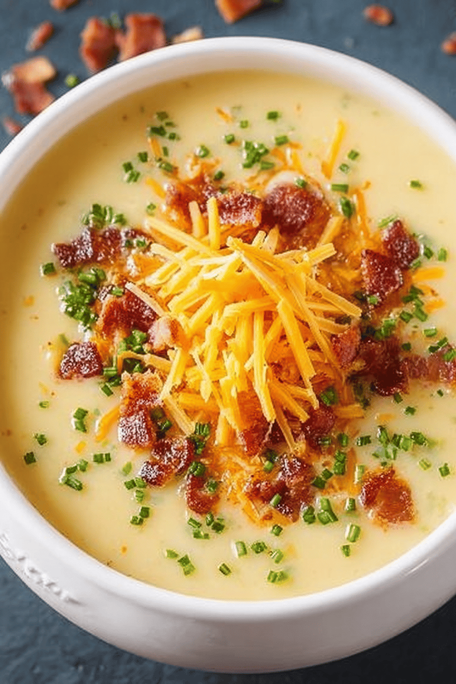 Cheddar Cheese Potato Soup Recipe slice on plate showing perfect texture and swirl pattern