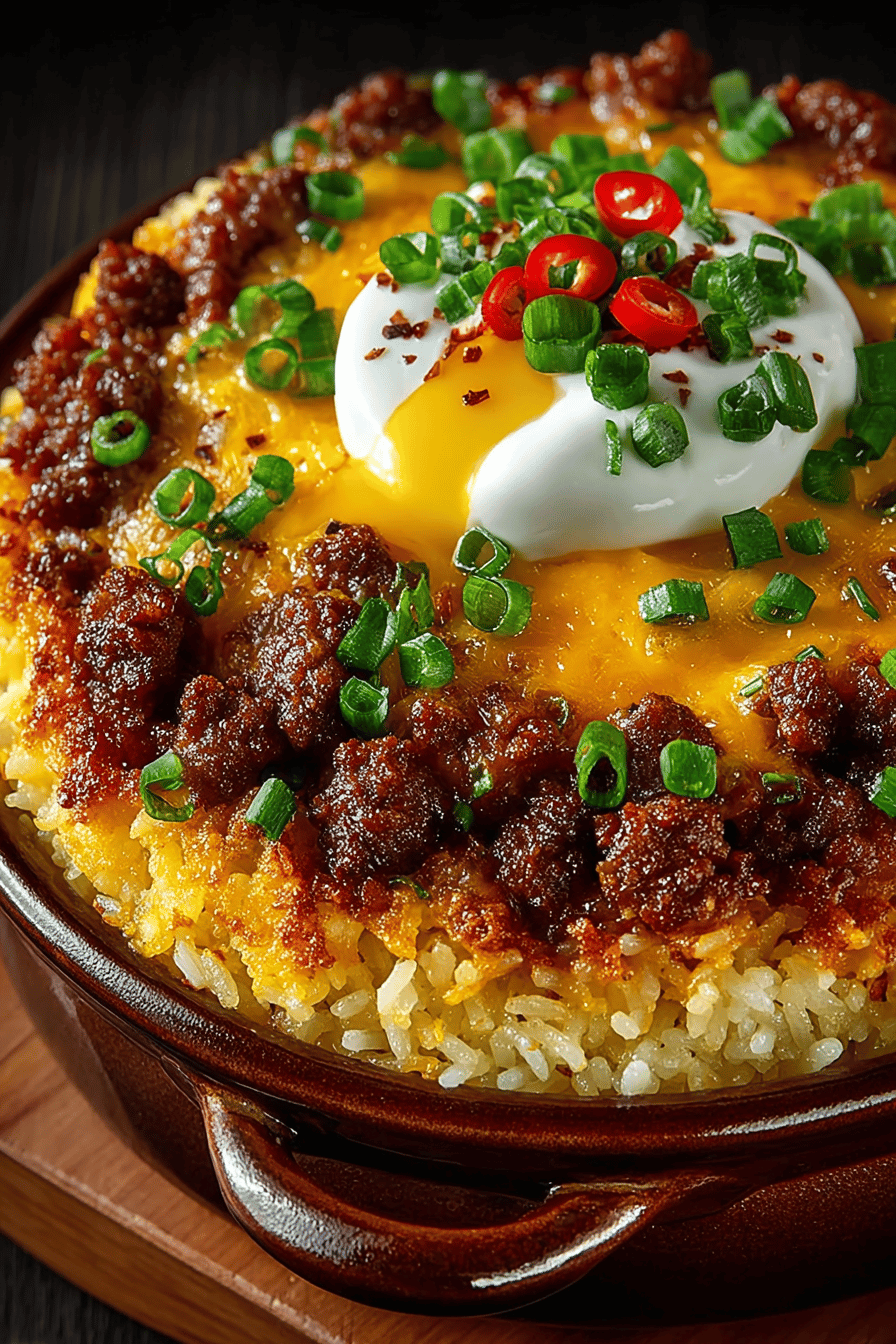 Cheddar-Crusted Ground Beef and Rice Casserole Recipe ingredients organized and measured on kitchen counter