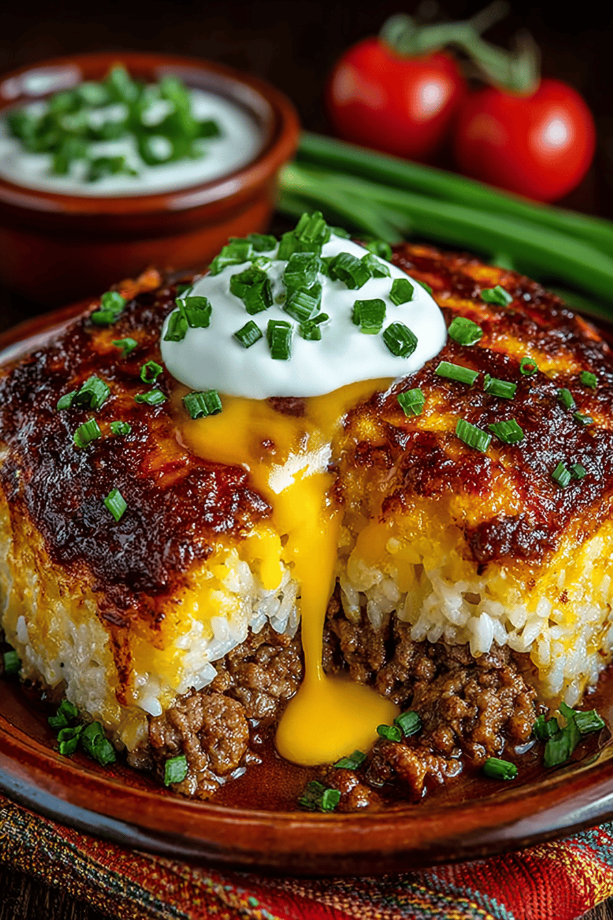 Cheddar-Crusted Ground Beef and Rice Casserole Recipe final dish beautifully presented and ready to serve