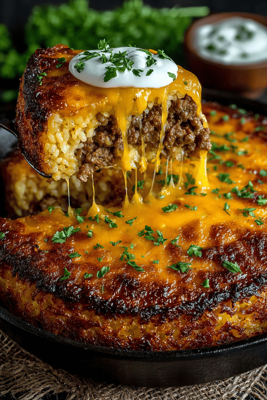 Cheddar-Crusted Ground Beef and Rice Casserole Recipe slice on plate showing perfect texture and swirl pattern