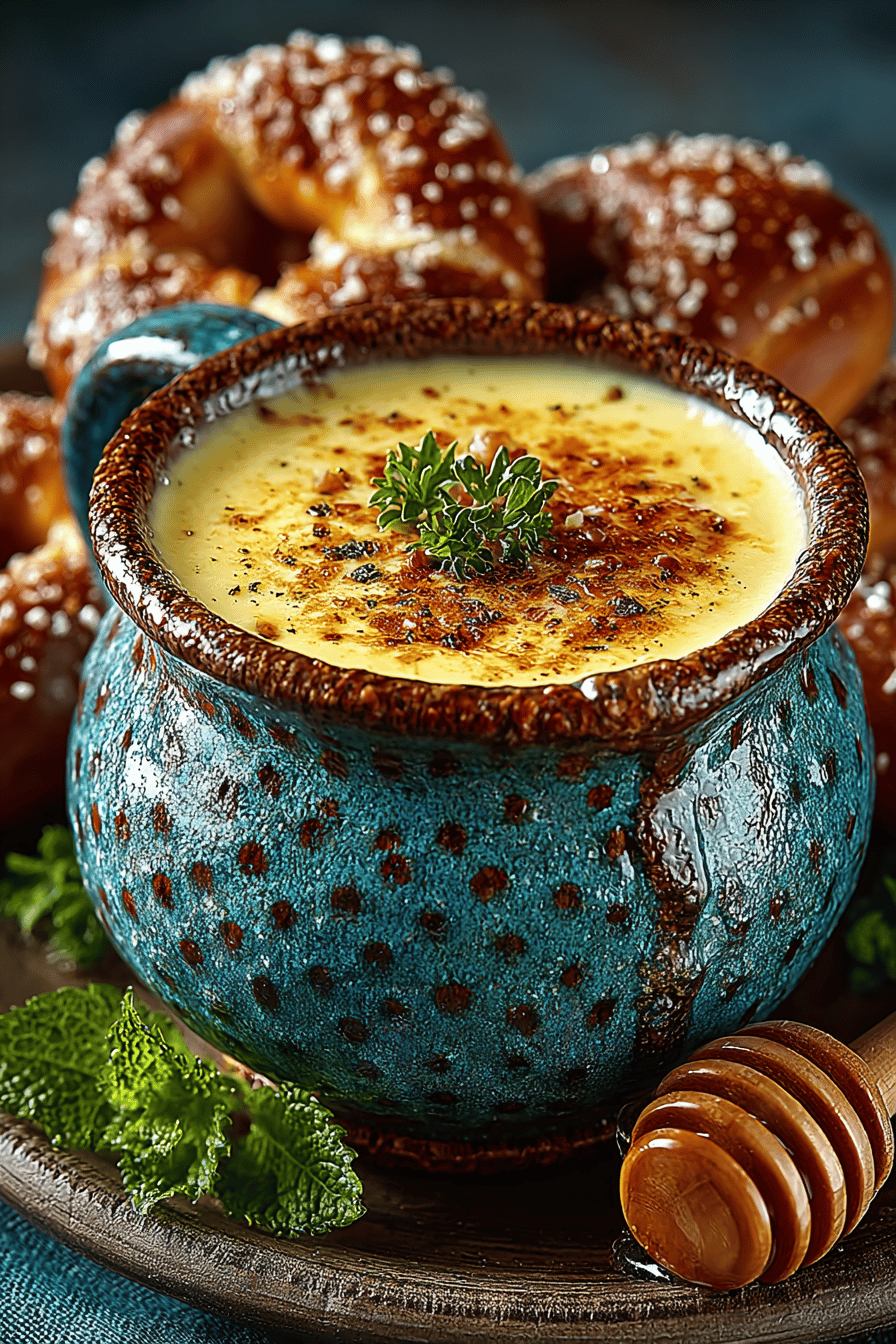 Cheese Sauce Recipe Perfect for Dipping Pretzels slice on plate showing perfect texture and swirl pattern