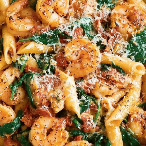 Cheese Shrimp Penne Pasta with Spinach Recipe