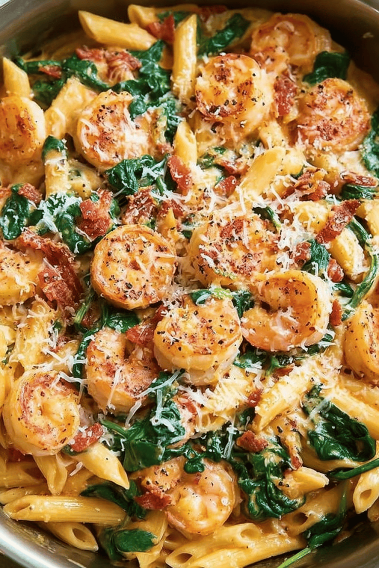 Cheese Shrimp Penne Pasta with Spinach Recipe