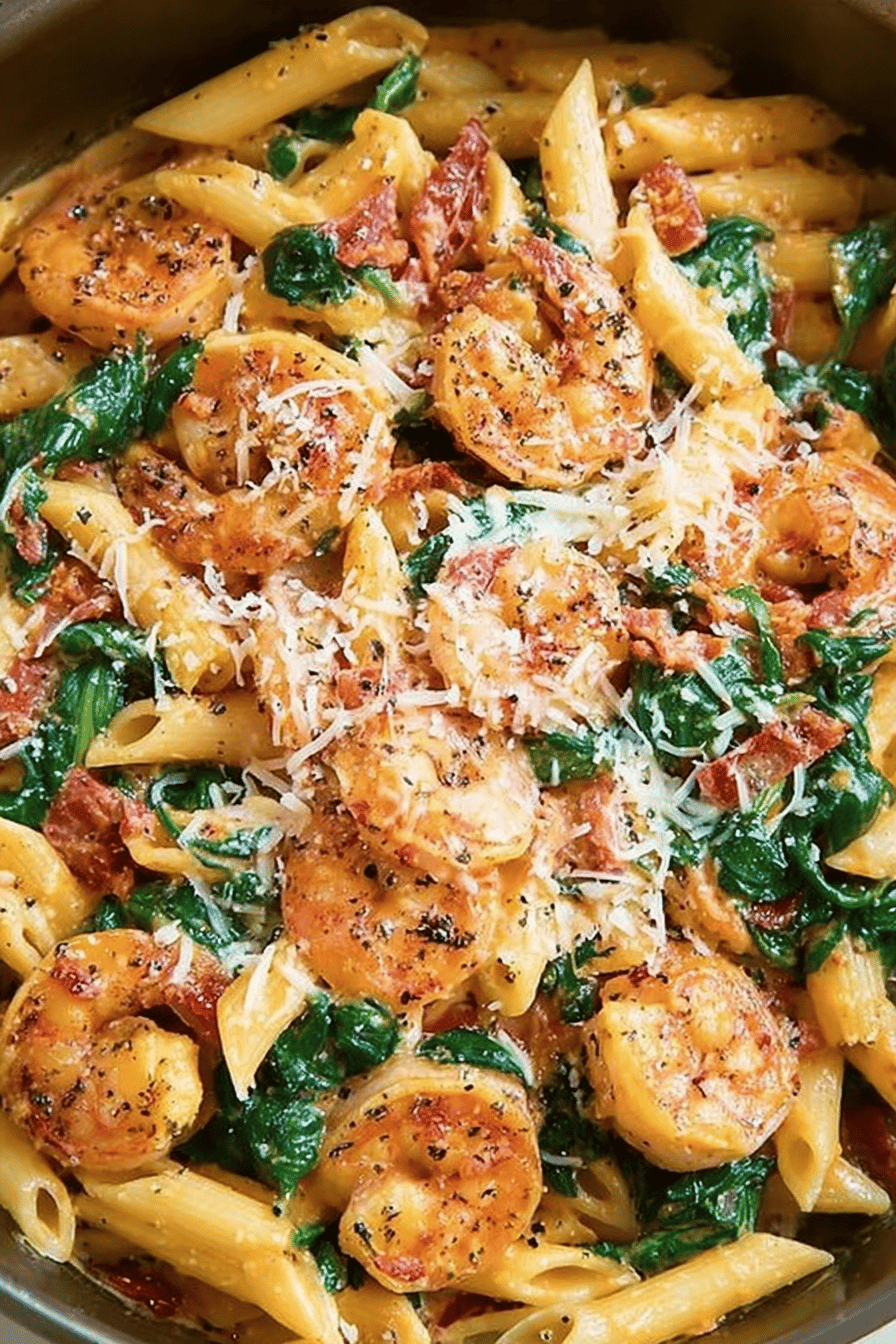 Cheese Shrimp Penne Pasta with Spinach Recipe ingredients organized and measured on kitchen counter