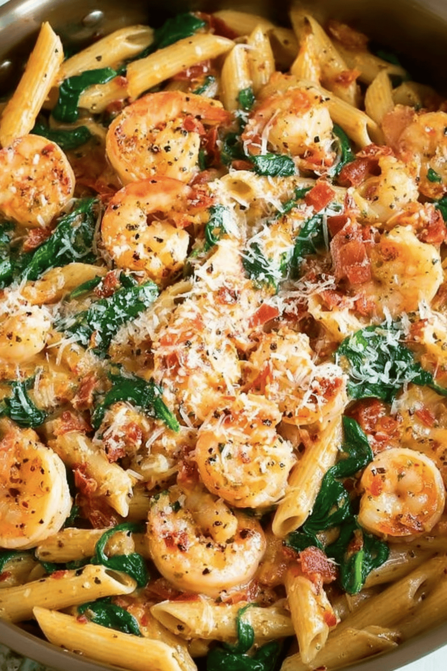 Cheese Shrimp Penne Pasta with Spinach Recipe final dish beautifully presented and ready to serve