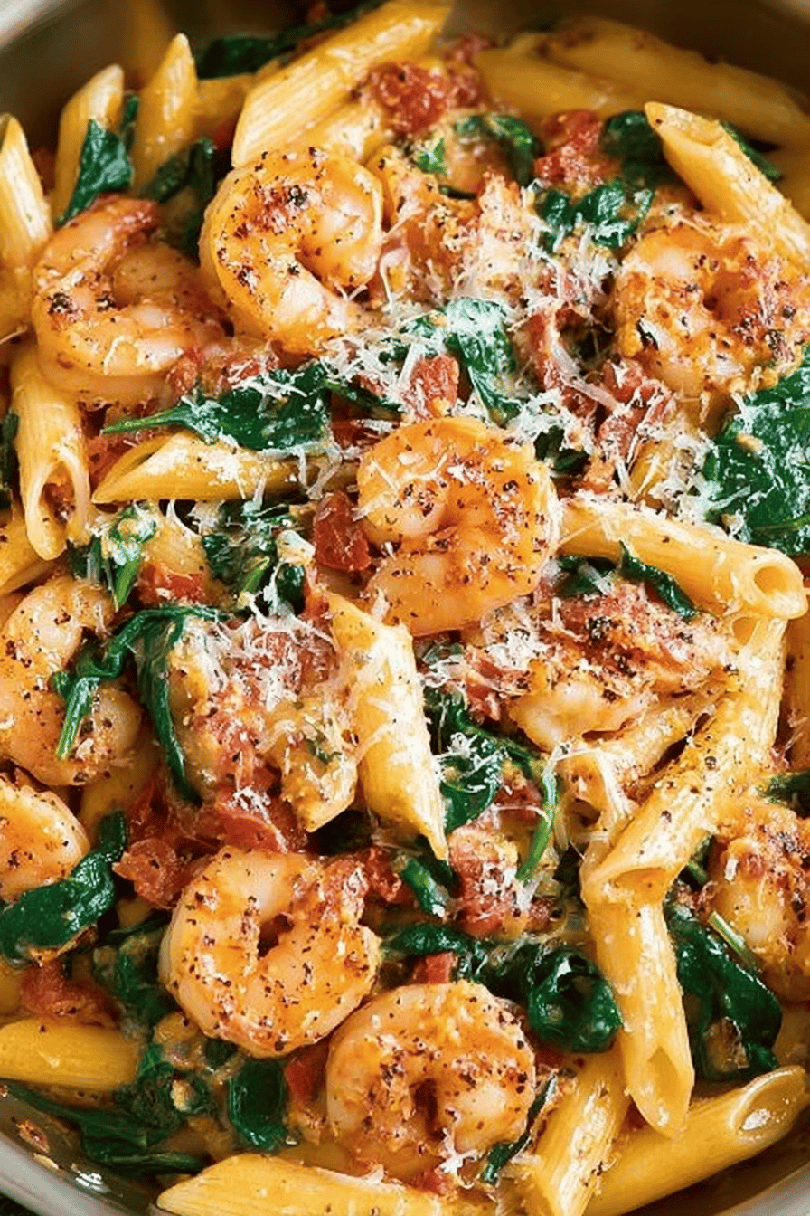 Cheese Shrimp Penne Pasta with Spinach Recipe slice on plate showing perfect texture and swirl pattern