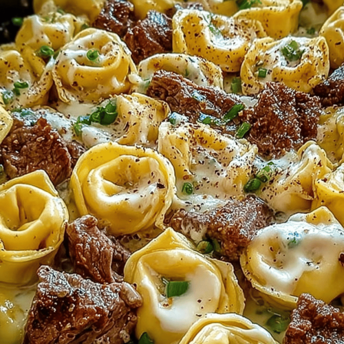 Cheesesteak Tortellini in a Creamy Provolone Cheese Sauce Recipe