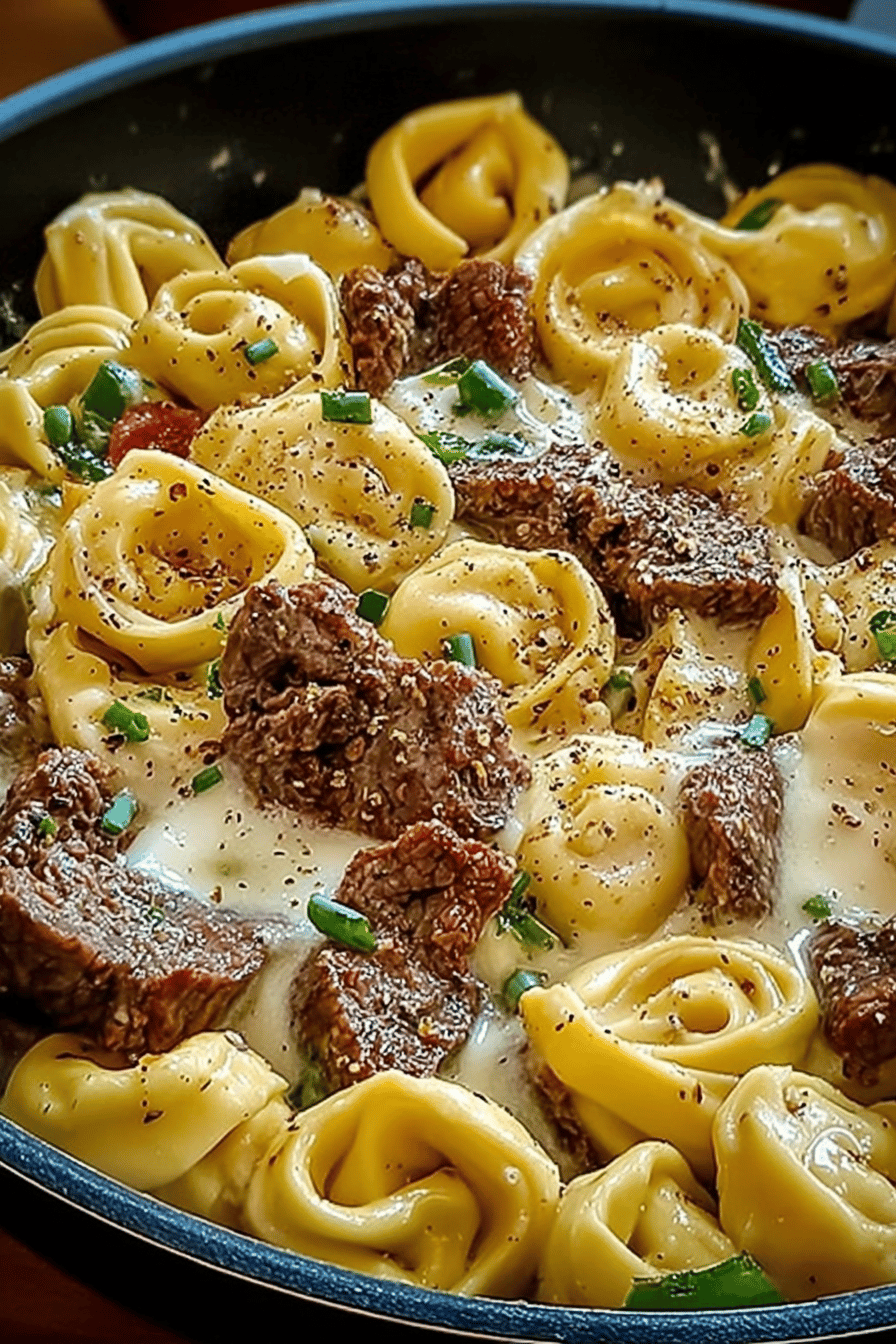 Cheesesteak Tortellini in a Creamy Provolone Cheese Sauce Recipe final dish beautifully presented and ready to serve