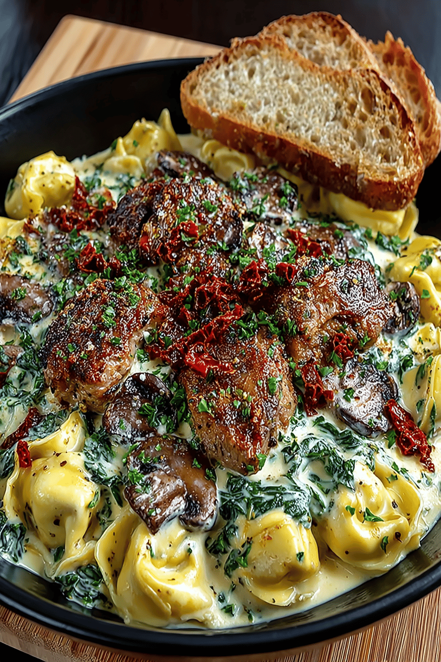Cheesesteak Tortellini with a Creamy Provolone Sauce Recipe ingredients organized and measured on kitchen counter