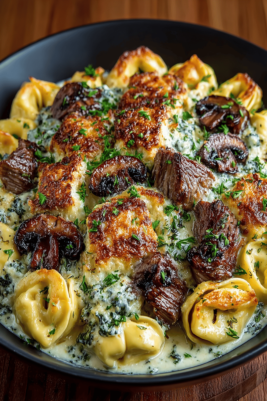 Cheesesteak Tortellini with a Creamy Provolone Sauce Recipe final dish beautifully presented and ready to serve
