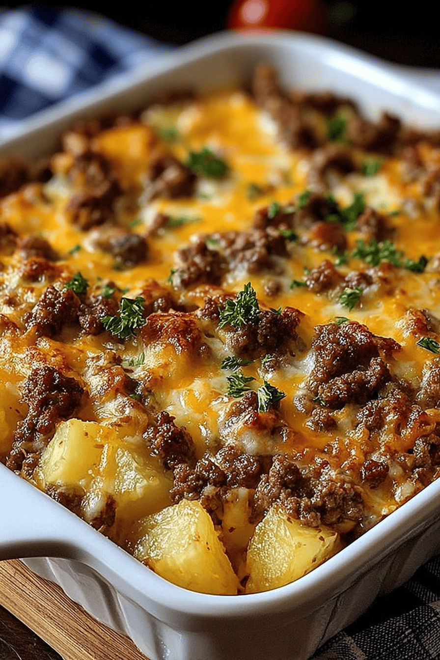 Cheesy Hamburger Potato Cassole Recipe ingredients organized and measured on kitchen counter