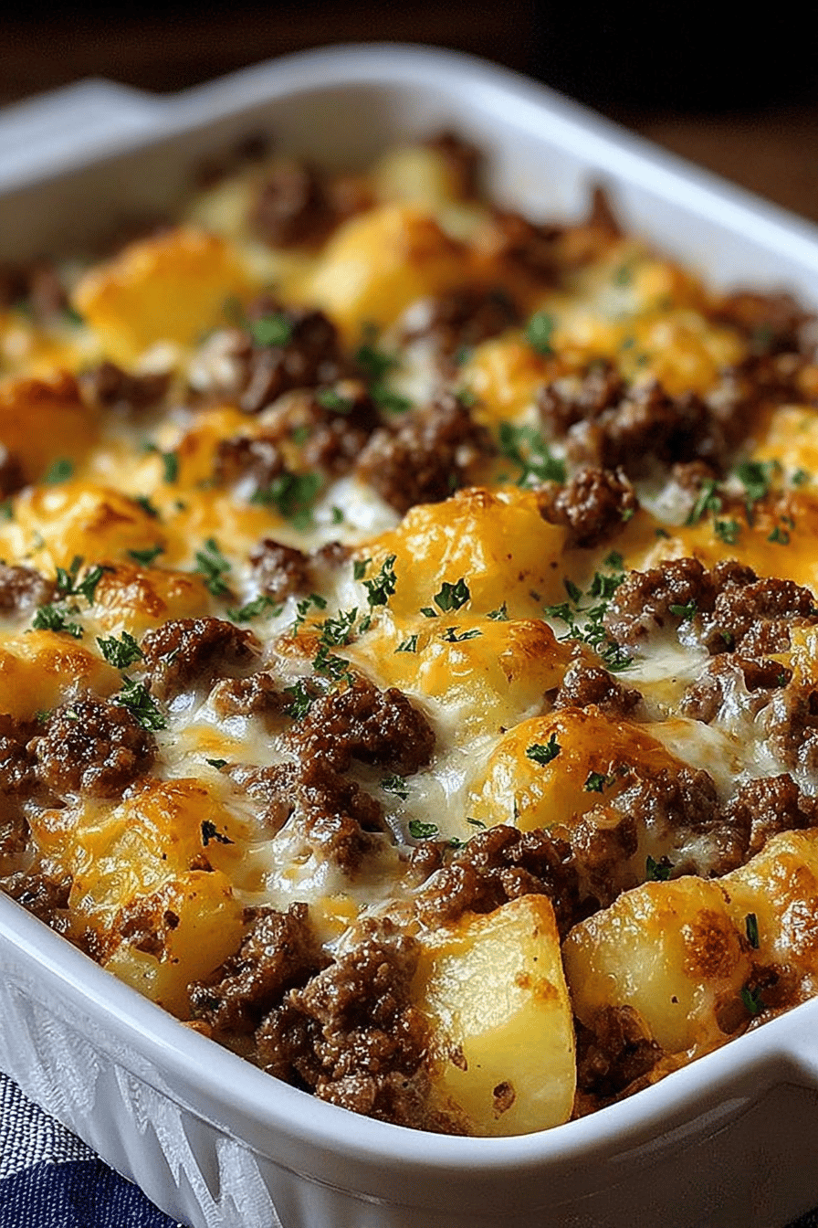 Cheesy Hamburger Potato Cassole Recipe final dish beautifully presented and ready to serve