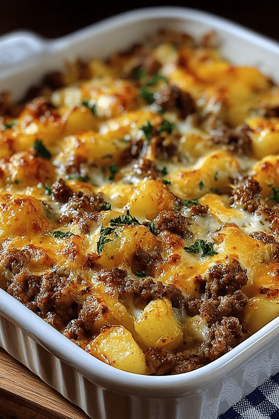 Cheesy Hamburger Potato Cassole Recipe slice on plate showing perfect texture and swirl pattern