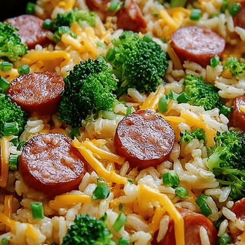 Cheesy Kielbasa, Rice, and Broccoli Skillet Recipe