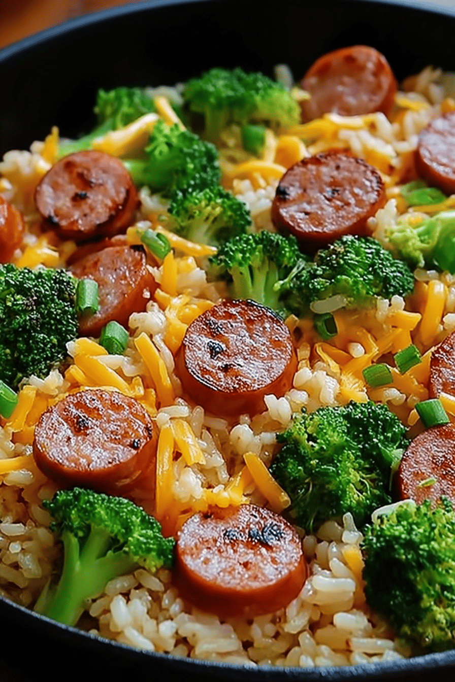 Cheesy Kielbasa, Rice, and Broccoli Skillet Recipe