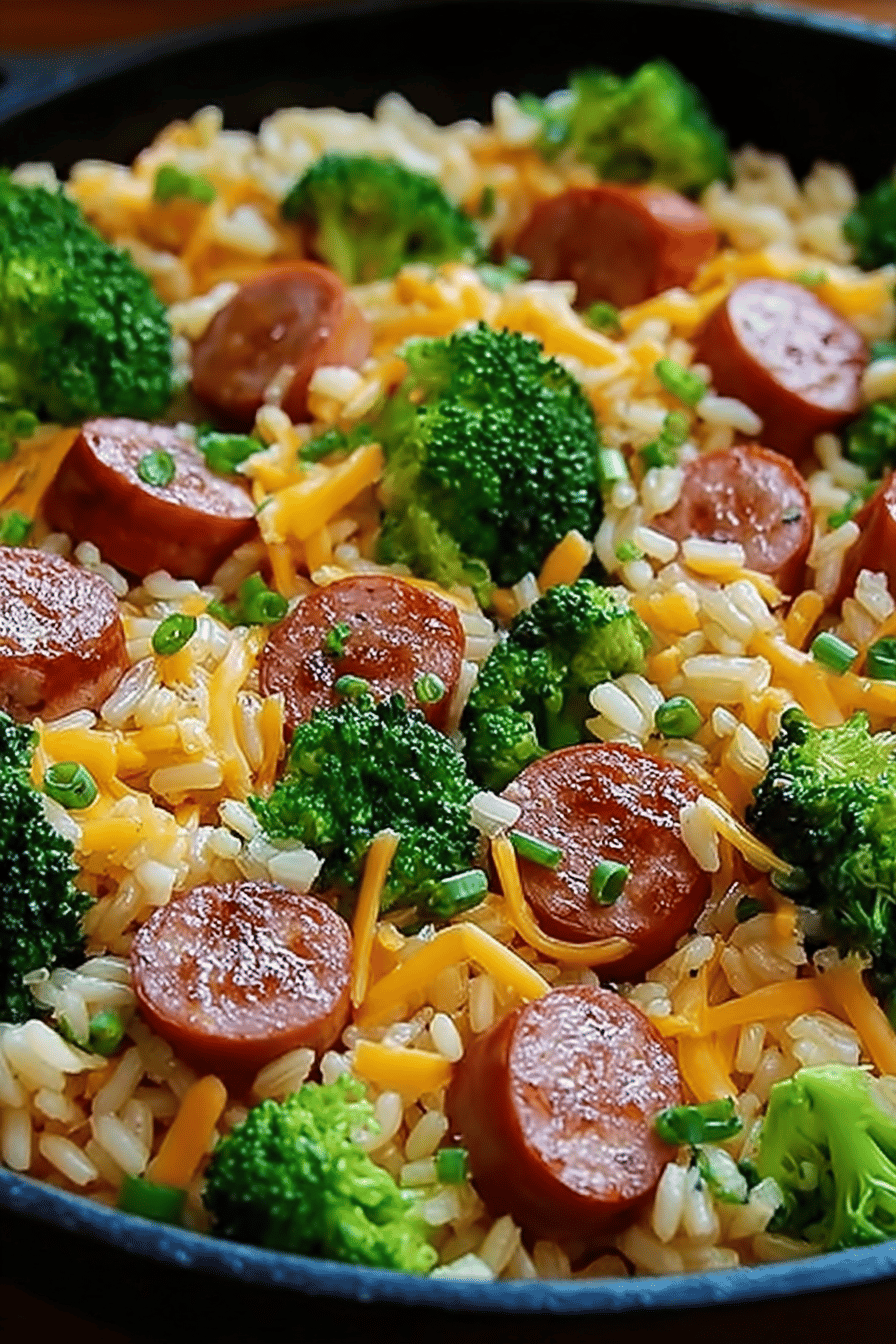 Cheesy Kielbasa, Rice, and Broccoli Skillet Recipe ingredients organized and measured on kitchen counter