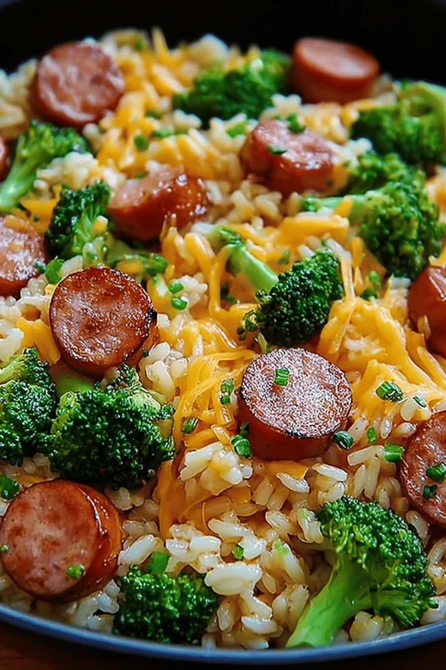 Cheesy Kielbasa, Rice, and Broccoli Skillet Recipe final dish beautifully presented and ready to serve