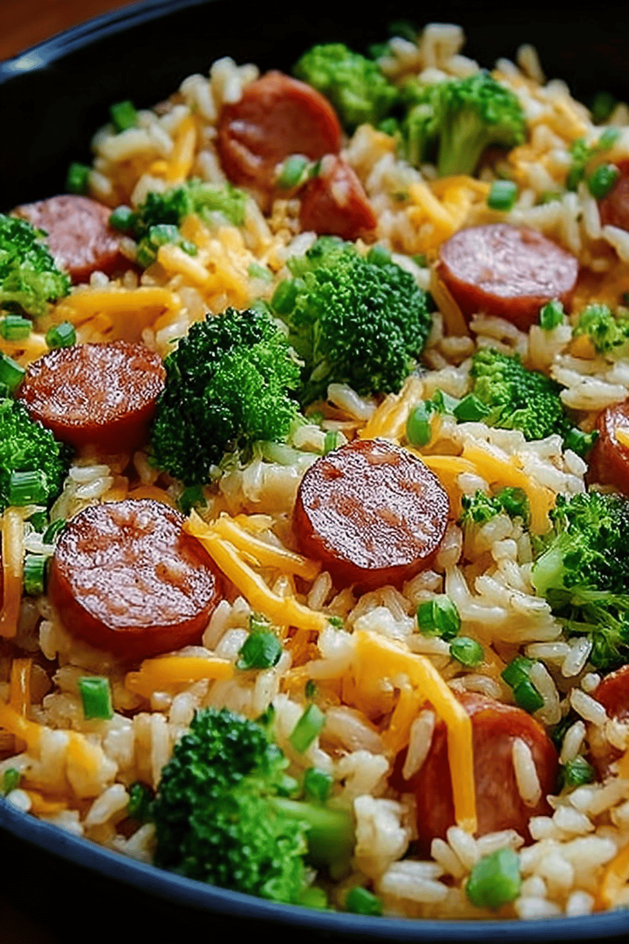 Cheesy Kielbasa, Rice, and Broccoli Skillet Recipe slice on plate showing perfect texture and swirl pattern