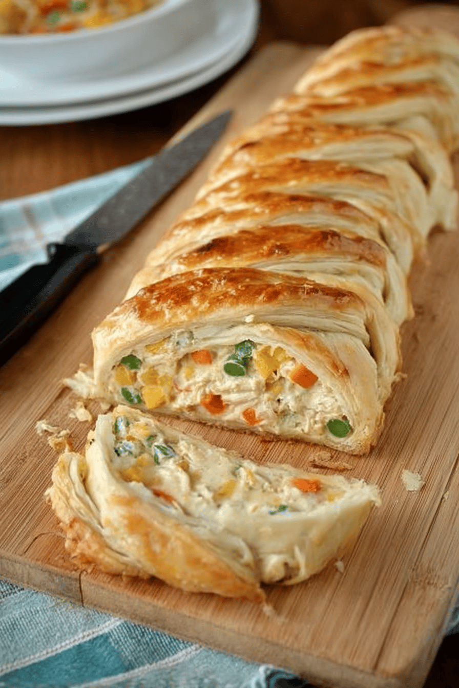 Chicken Pot Pie Crescent Braid Recipe slice on plate showing perfect texture and swirl pattern