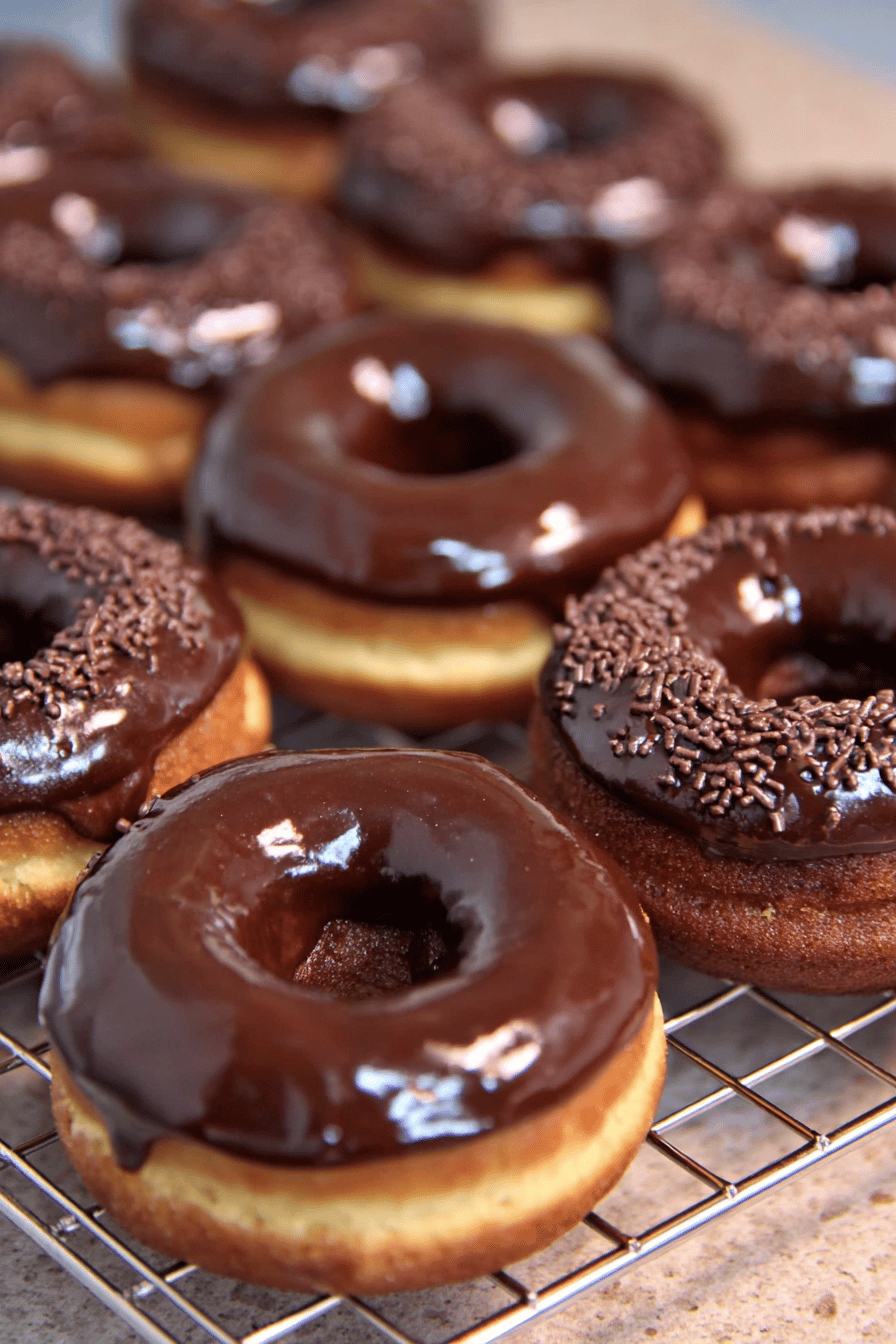 Chocolate Glaze Cake Donuts Recipe ingredients organized and measured on kitchen counter