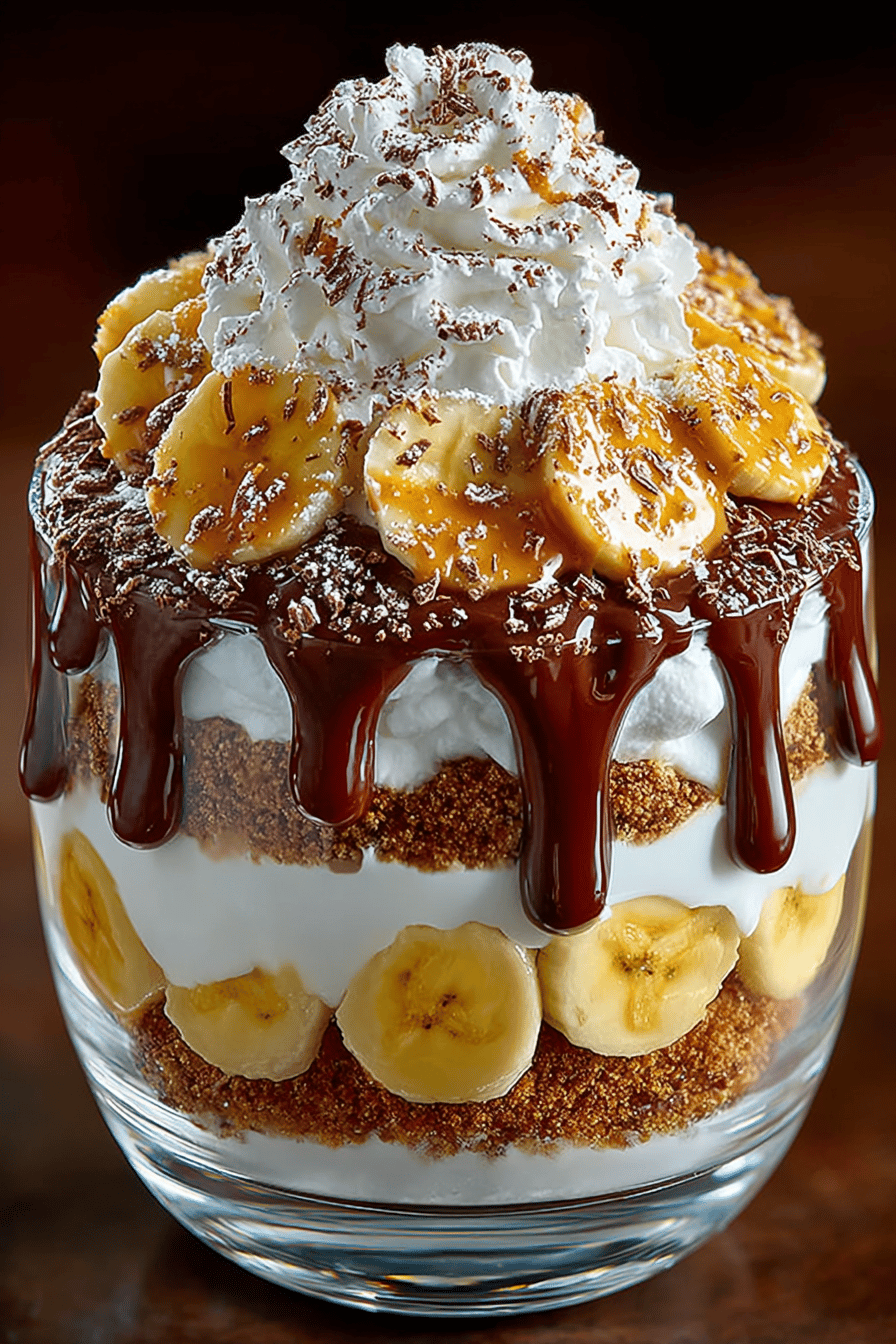 Chocolate Peanut Butter Banana Cream Trifle Recipe slice on plate showing perfect texture and swirl pattern