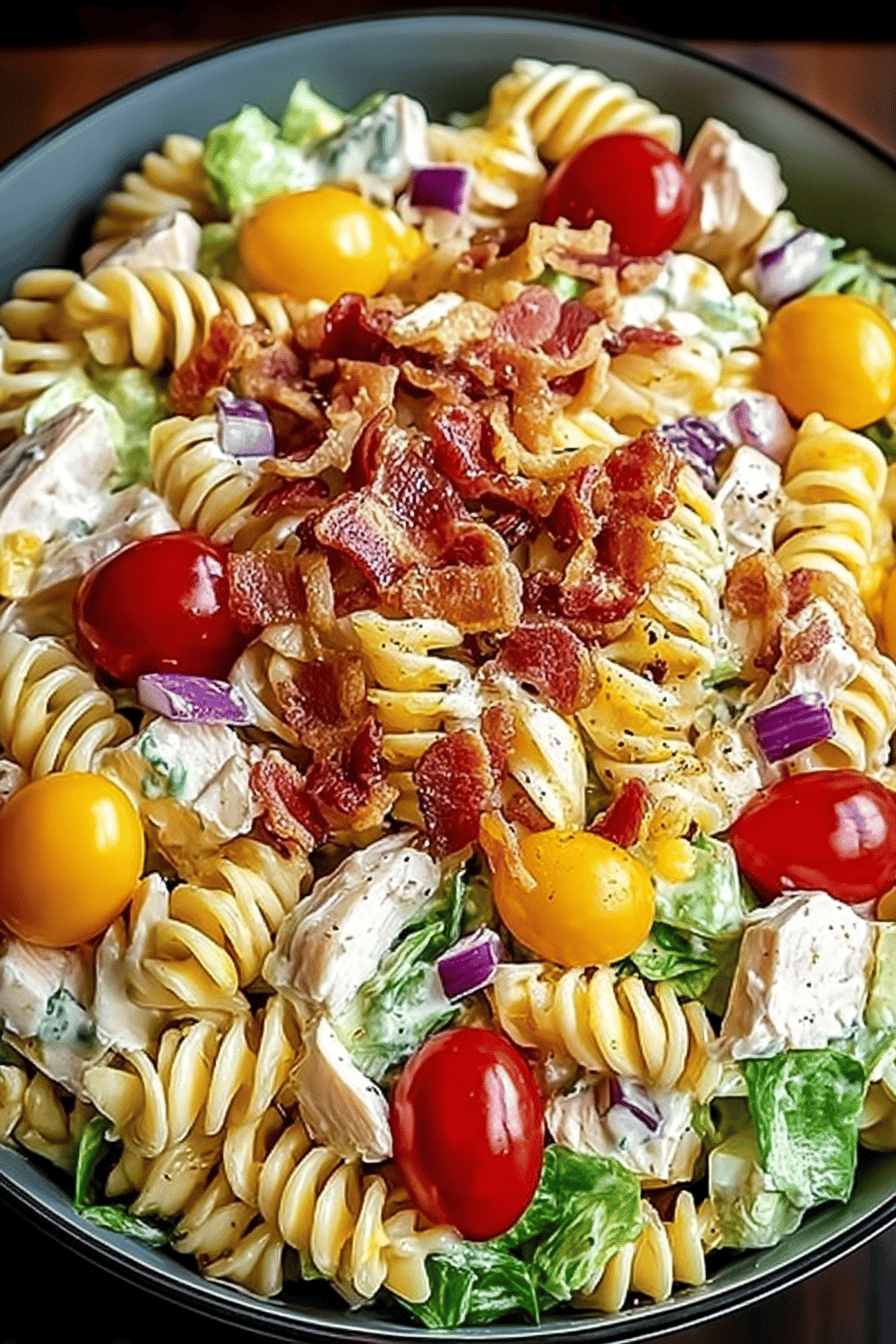 Club Sandwich Pasta Salad Recipe ingredients organized and measured on kitchen counter