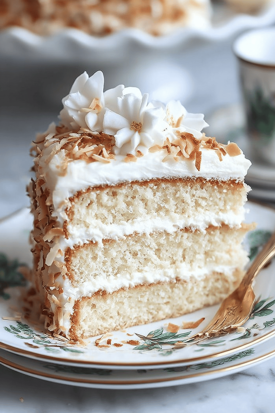 Coconut Cake Recipe Featuring Cream Cheese Coconut Frosting slice on plate showing perfect texture and swirl pattern