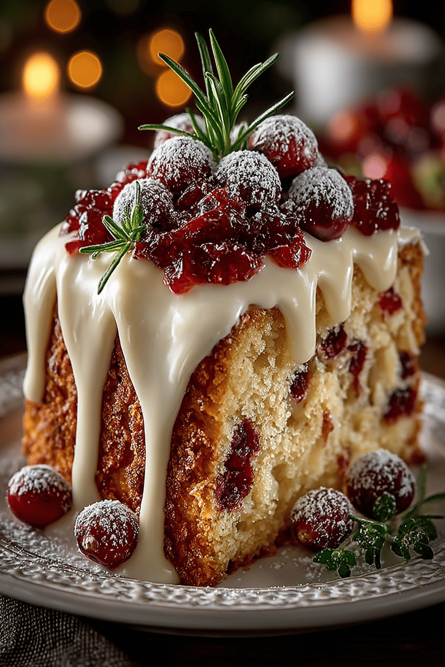 Cranberry Christmas Cake Recipe slice on plate showing perfect texture and swirl pattern
