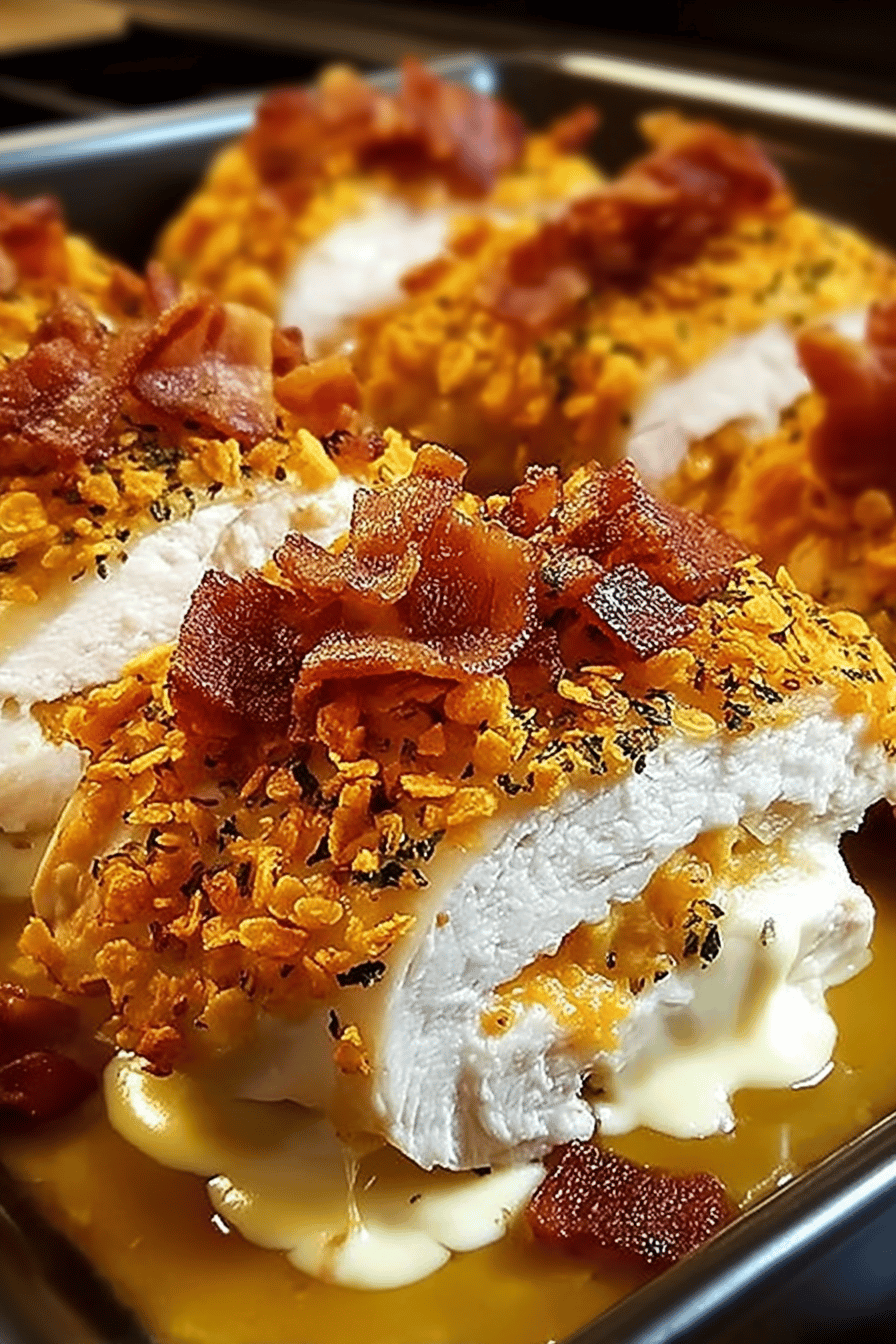 Cream Cheese and Bacon Stuffed Chicken with a Doritos Crust Recipe slice on plate showing perfect texture and swirl pattern