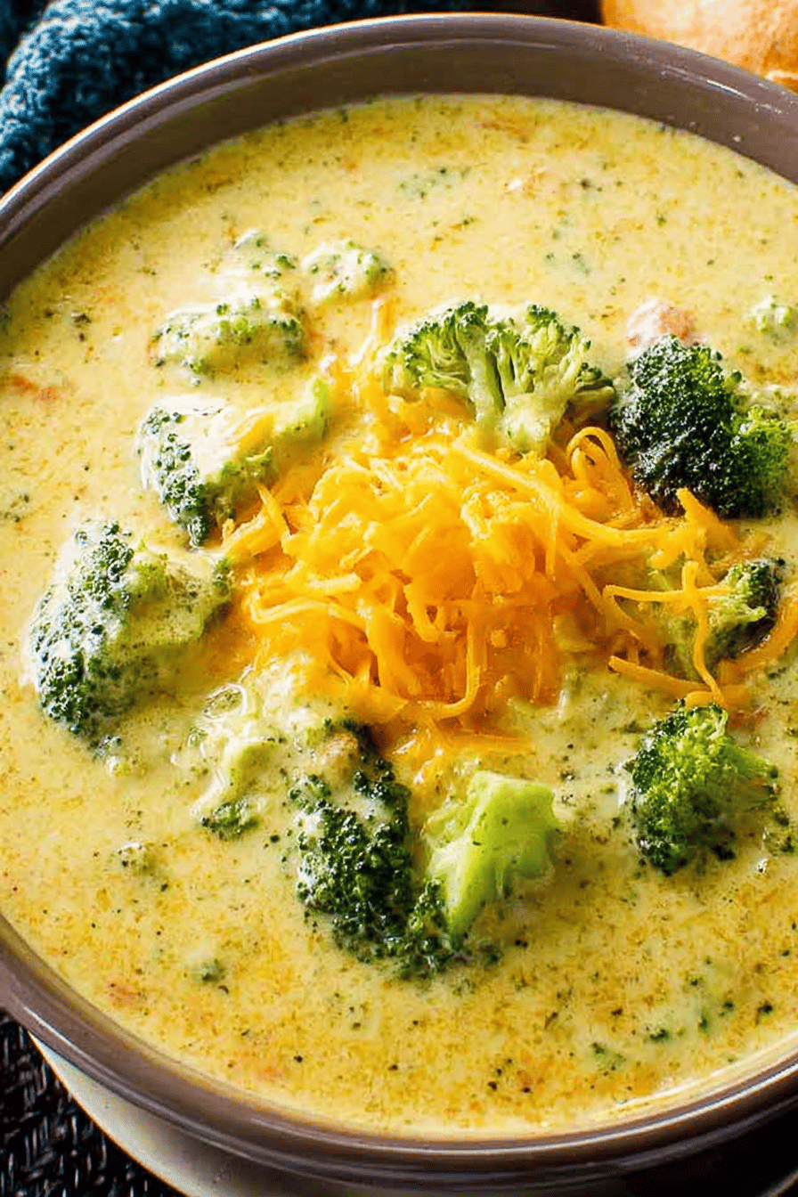 Creamy Broccoli and Cheddar Soup Recipe slice on plate showing perfect texture and swirl pattern