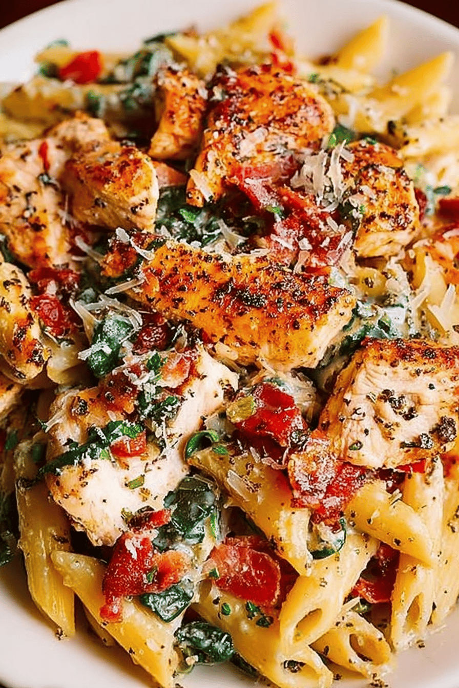 Creamy Chicken Pasta with Bacon Recipe ingredients organized and measured on kitchen counter