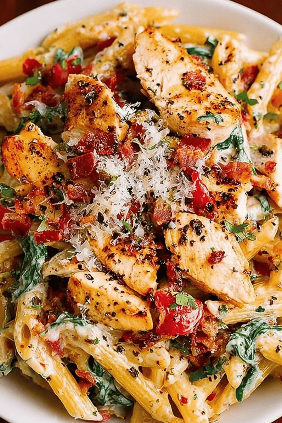 Creamy Chicken Pasta with Bacon Recipe final dish beautifully presented and ready to serve