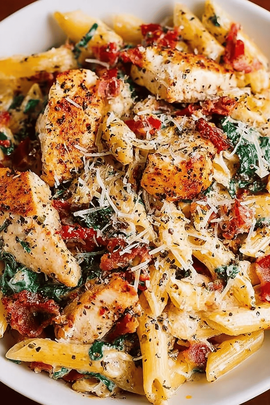 Creamy Chicken Pasta with Bacon Recipe slice on plate showing perfect texture and swirl pattern