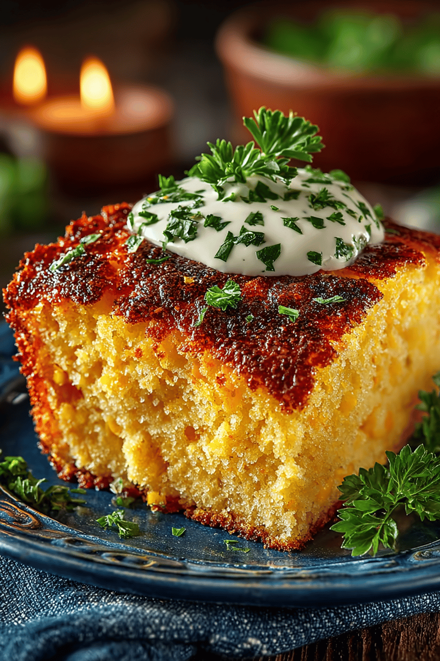 Creamy Cornbread Casserole Recipe slice on plate showing perfect texture and swirl pattern