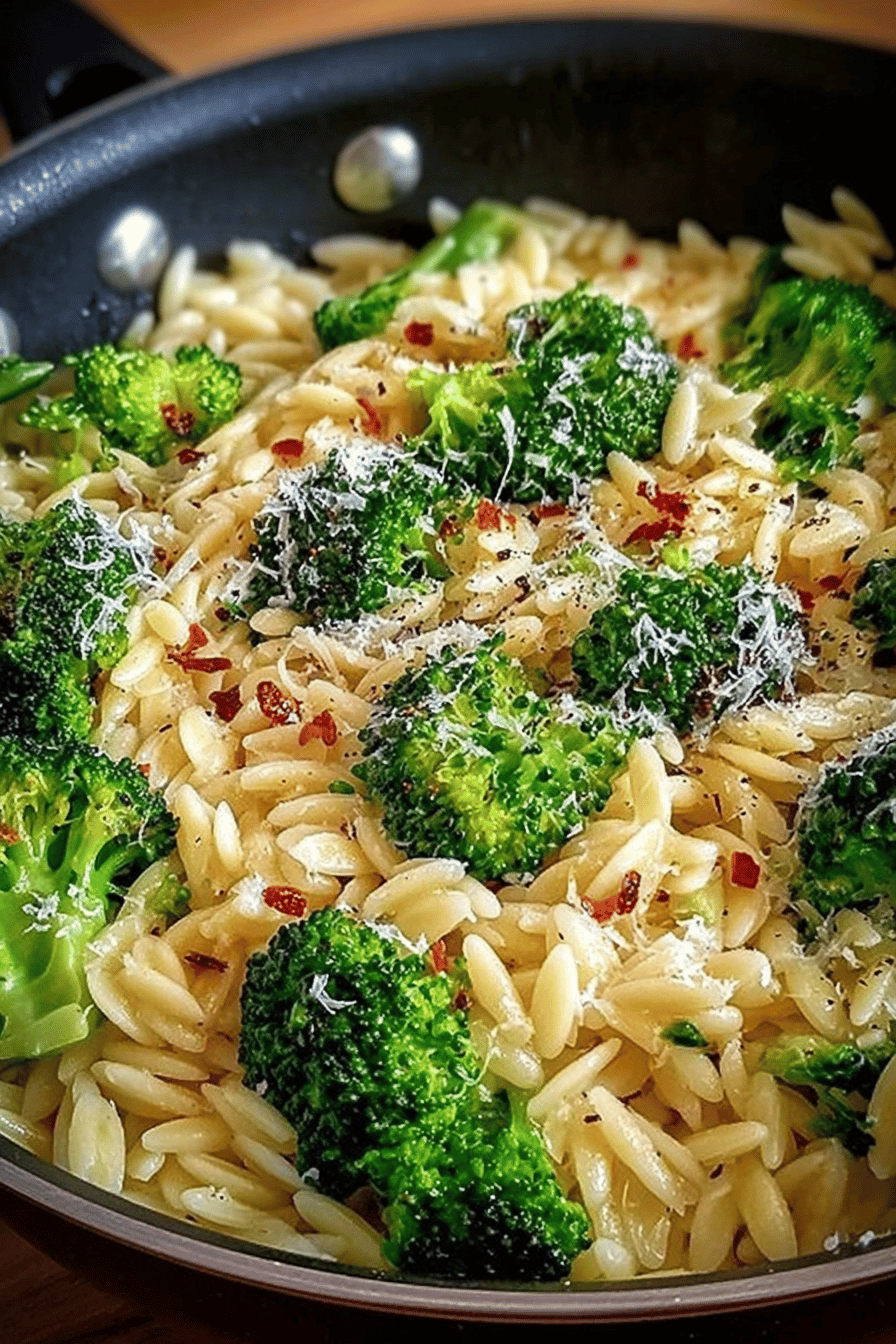 Creamy Orzo with Parmesan and Broccoli Recipe ingredients organized and measured on kitchen counter